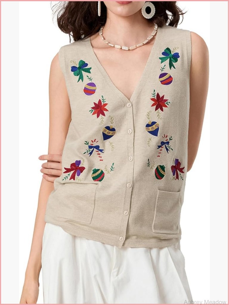 Christmas Knit Sweater Vest With Sequin Embellishments V-Neck Button Down